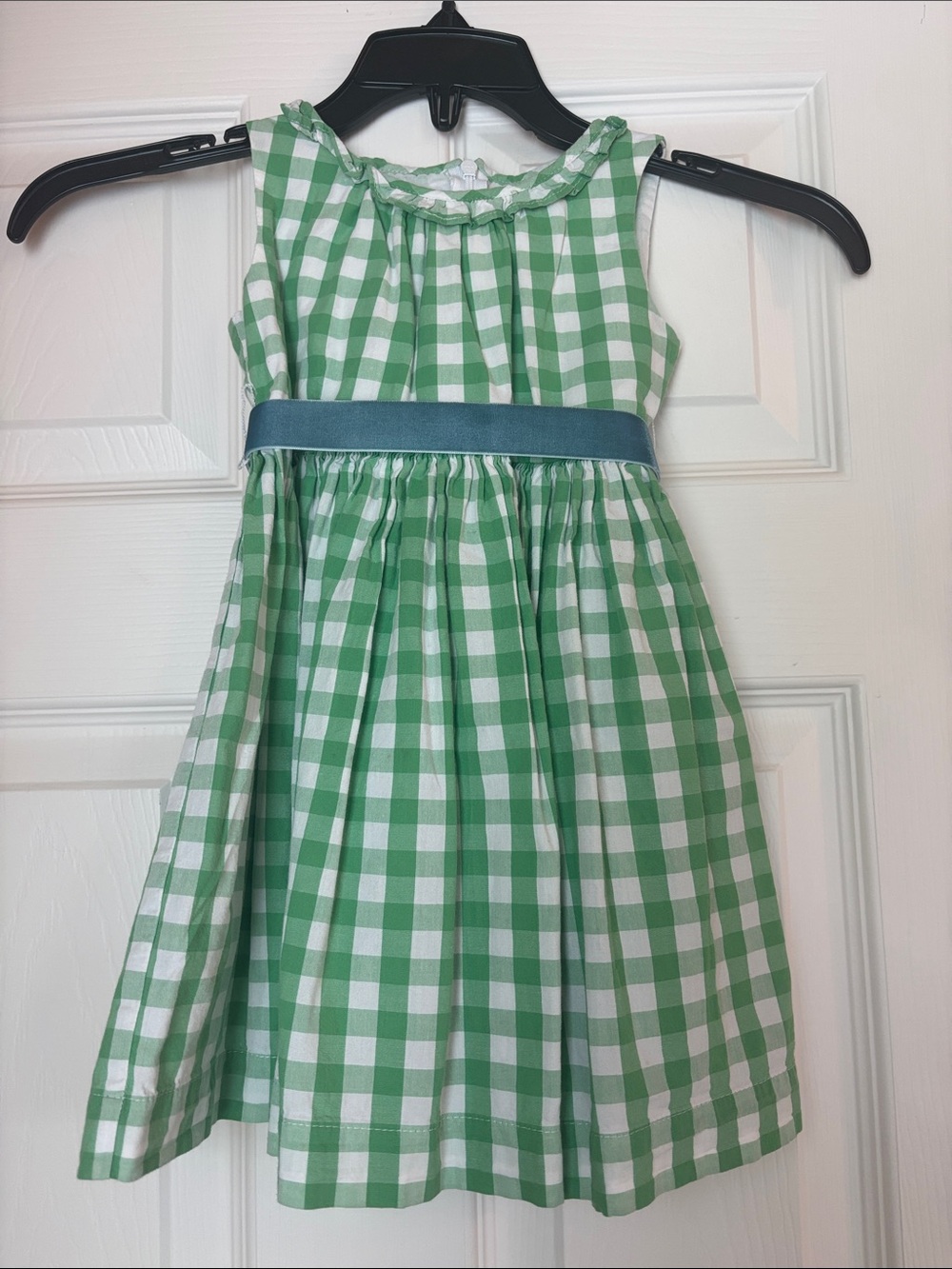 Girls Green Gingham Sleeveless Dress with Blue Waistband